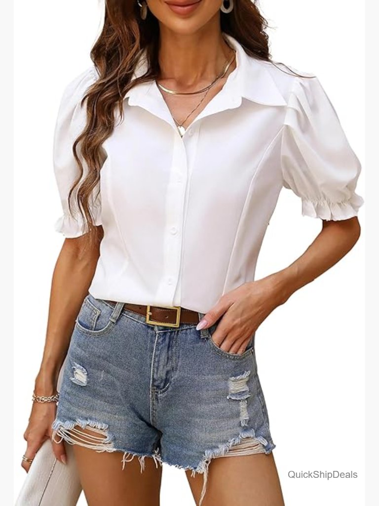 Women's V Neck Button Down Ruffle Puff Short Sleeve Blouse Top Office Work Shirt